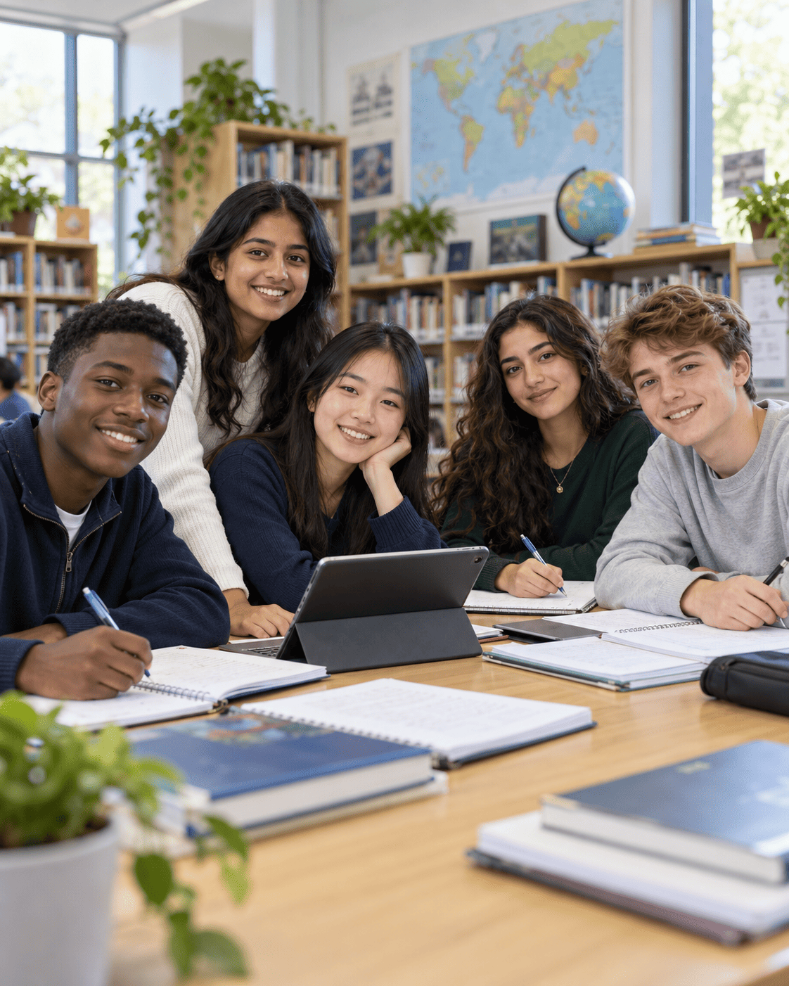 Students from different backgrounds studying together in a library